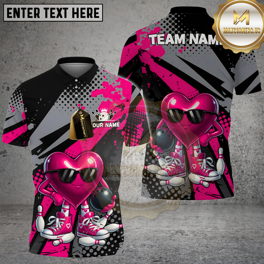 Maxcorners Bowling Heart Character Cool Sunglasses Graphic Multicolor Options Personalized Name, Team Name 3D Shirt (4 Colors)