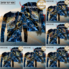 Maxcorners Freshwater Fishing Realistic Jumping Fish Blue Water Flame Golden Hooks Personalized Name, Team Name 3D Long Sleeve Shirt