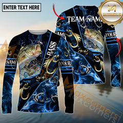 Maxcorners Freshwater Fishing Realistic Jumping Fish Blue Water Flame Golden Hooks Personalized Name, Team Name 3D Long Sleeve Shirt