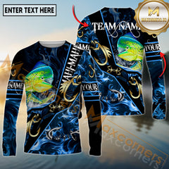 Maxcorners Saltwater Fishing Realistic Jumping Fish Blue Water Flame Golden Hooks Personalized Name, Team Name 3D Long Sleeve Shirt