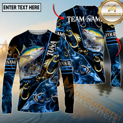 Maxcorners Saltwater Fishing Realistic Jumping Fish Blue Water Flame Golden Hooks Personalized Name, Team Name 3D Long Sleeve Shirt