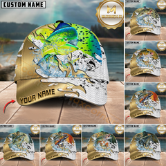 Maxcorners Fishing Scale Pattern Gold Accent Water Splash Personalized Name 3D Cap (13 Options)