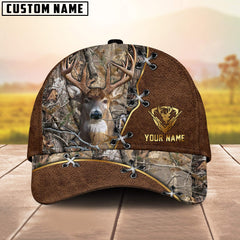 Maxcorners Hunting Camo Leather Stitch Buck Head Multi Options Personalized Name 3D Cap (6 Options)
