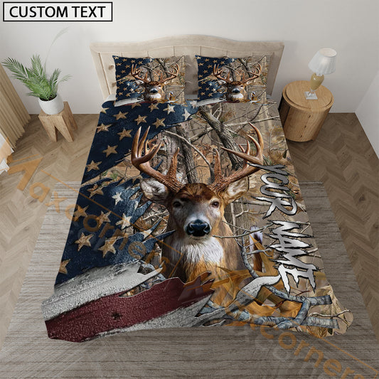 Maxcorners Deer Hunting American Flag Rustic Style Personalized Name Bedding Set 3D All Over Printed