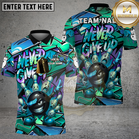 Maxcorners Bowling Ball and Pins Never Give Up Graffiti Multicolor Options Personalized Name, Team Name 3D Shirt (4 Colors)