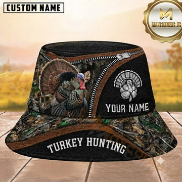 Maxcorners Turkey Hunting Zipper Woodland Camouflage Black Brown Personalized Name 3D Bucket Hat