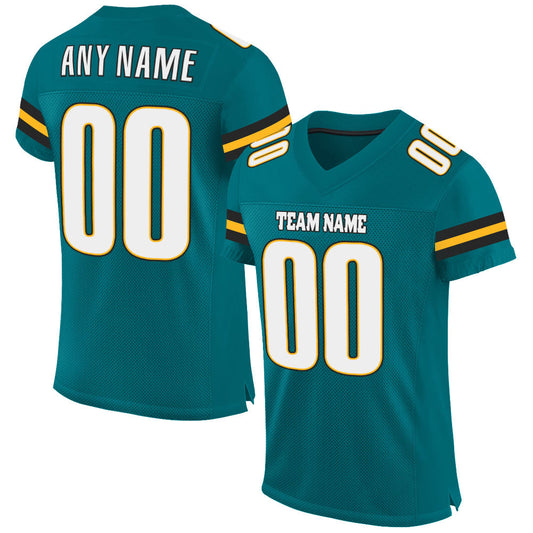 Maxcorners Custom Teal White-Gold Mesh Authentic Football Jersey LM2605