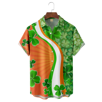 Maxcorners St. Patrick's Day Lucky Four Leaf Clover Orange And Green Hawaiian Golf Shirt, Tropical Vibe Men's Golf Shirt