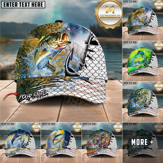 Maxcorners Fishing Hook Fish Scale Personalized Name Classic 3D Cap (12 Breeds)