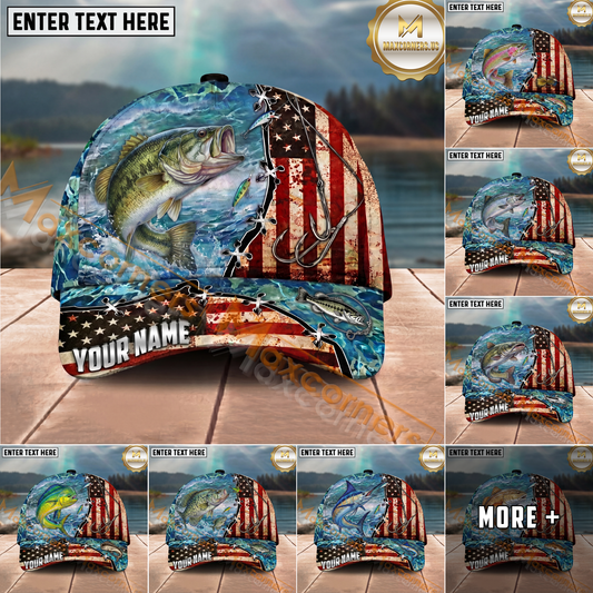 Maxcorners Fishing  American Flag Fishing Hook Multi Options Personalized Name 3D Classic Cap (11 Fish Species)