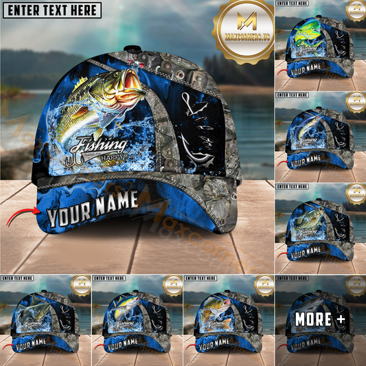 Maxcorners Fishing Water Splash Camo Multi Options Personalized Name 3D Cap (12 Fish Species)