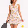 Maxcorners Pickleball Sleeveless Zipper Sports Dress Set Ivory Floral Perfume Bottle Print