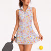 Maxcorners Pickleball Sleeveless Zipper Sports Dress Set Pastel Blue Floral Perfume Bottle Print
