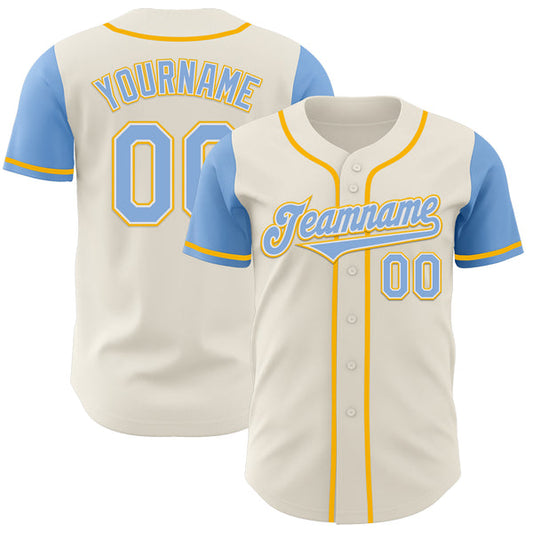 Maxcorners Custom Cream Light Blue White-Gold Authentic Two Tone Baseball Jersey LM0609