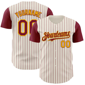 Maxcorners Custom Cream Crimson Pinstripe Gold Authentic Two Tone Baseball Jersey LM2605