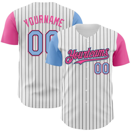 Maxcorners Custom White Black Pinstripe Light Blue-Pink Authentic Two Tone Baseball Jersey LM2605