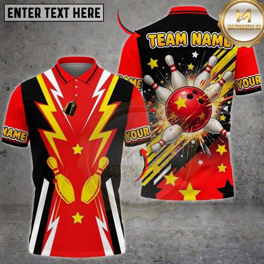 Maxcorners MK Bowling Red Lightning Star Strike Personalized Name 3D Unisex Shirt