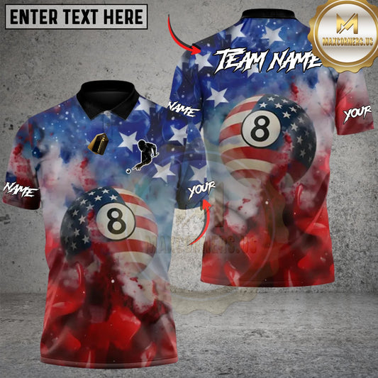Maxcorners Billiard Patriotic USA Flag 8-Ball Customized Name, Team Name 3D Shirt