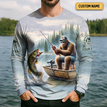 Maxcorners Bigfoot Fishing, Funny Fishing Shirt, SPF Shirts For Men, Hooded Long Sleeve Shirt, Fisherman Gift