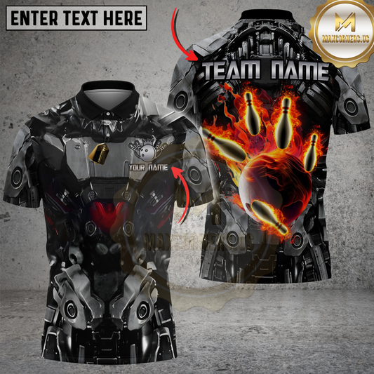 Maxcorners Bowling Dark Robot Armor Flaming Bowling Ball Personalized Name 3D Unisex Shirt