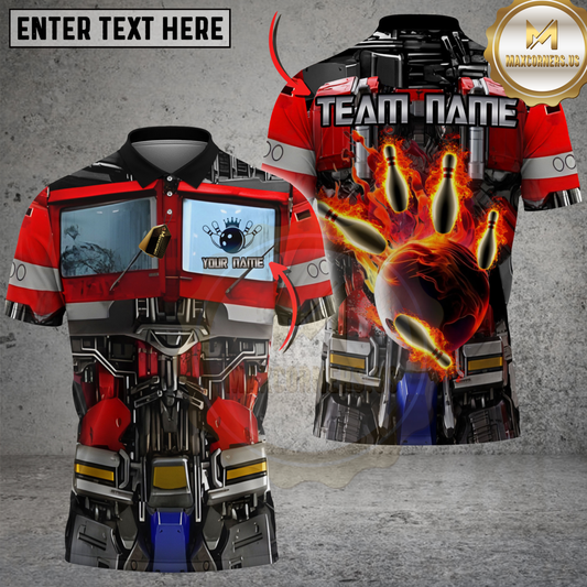 Maxcorners Bowling Red Mecha Armor Flaming Bowling Ball Personalized Name 3D Unisex Shirt