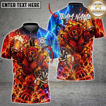 Maxcorners Darts Angry Fiery Bear Beer Mug Dartboard Flame Lightning Custom Team Name Personalized Name 3D Polo Shirt