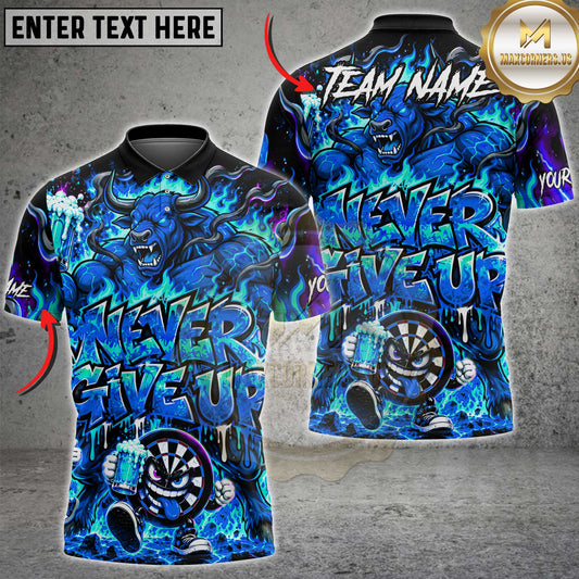 Maxcorners Darts Fierce Angry Bull Character Never Give Up Graffiti Darts Dartboard Holding Beer Mug Flame Aura Multi Options Personalized Name, Team Name Unisex 3D Shirt (5 Colors)