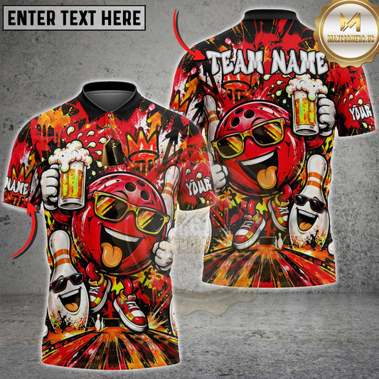 Maxcorners Bowling Cool Funny Smiling Bowling Ball Character Holding Beer Mug Sunglasses Graffiti Splatter Pins Multi Options Personalized Name, Team Name Unisex 3D Shirt (5 Colors)