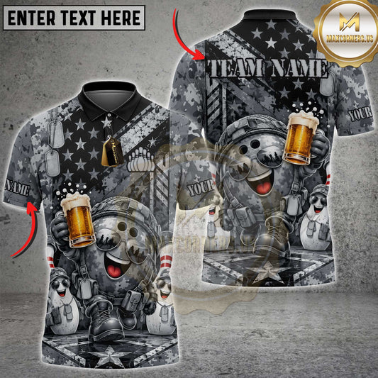 Maxcorners Bowling Funny Military Veteran Bowling Ball Character Holding Beer Mug Helmet Camouflage Dog Tags US Flag Pins Multi Options Personalized Name, Team Name Unisex 3D Shirt (3 Colors)