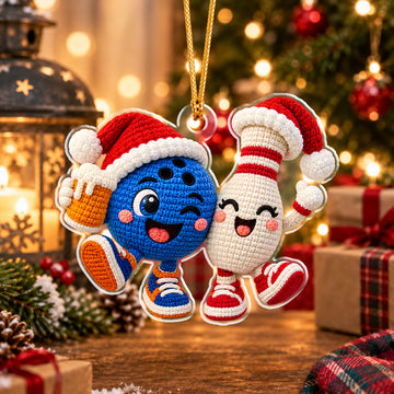Maxcorners Bowling Crochet Amigurumi Cute Bowling Ball and Pin Characters Wearing Santa Hats Beer Mug Christmas Ornament