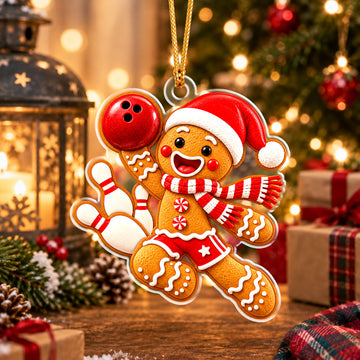 Maxcorners Bowling Cute Gingerbread Man Wearing Santa Hat Scarf Holding Bowling Ball Crashing Pins Christmas Ornament