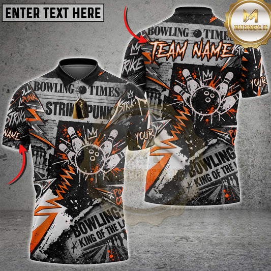 Maxcorners Bowling Punk Rock Newspaper Collage Newspaper Print Graffiti Splatter Lightning Bowling Ball Strike Crashing Pins Multi Options Personalized Name, Team Name Unisex 3D Shirt (4 Colors)