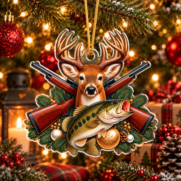 Maxcorners Hunting and Fishing Antler Animal Head Fish Catch Crossed Rifles Pine Needles Baubles Christmas Tree Ornaments Christmas Ornament