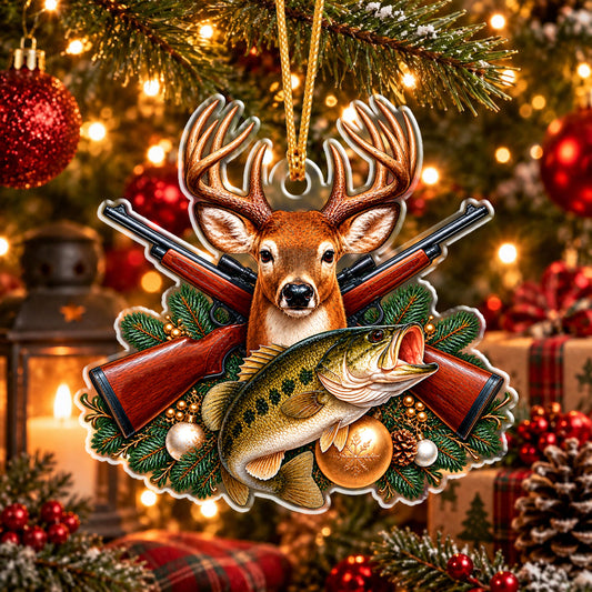 Maxcorners Hunting and Fishing Antler Animal Head Fish Catch Crossed Rifles Pine Needles Baubles Christmas Tree Ornaments Christmas Ornament