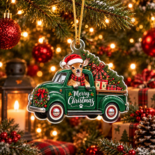 Maxcorners Hunting Cute Young Antler Animal Wearing Santa Hat Scarf Driving Vintage Pickup Truck Carrying Christmas Tree Gift Boxes Wreath Christmas Ornament