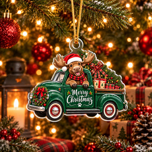 Maxcorners Hunting Antler Animal Wearing Santa Hat Scarf Driving Vintage Truck Carrying Christmas Tree Gift Boxes Wreath Merry Christmas Paw Christmas Ornament
