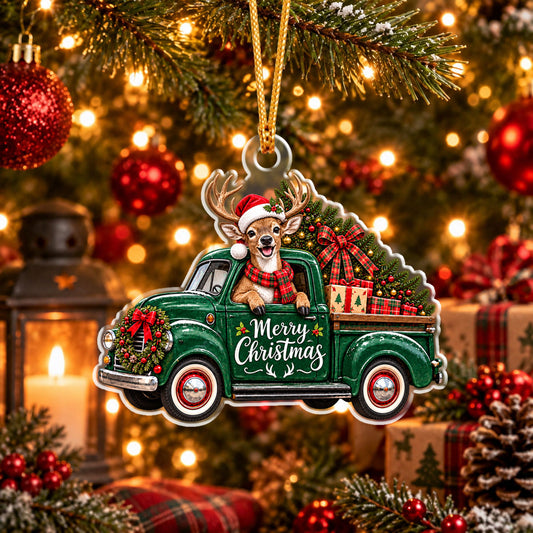 Maxcorners Hunting Horned Animal Wearing Santa Hat Scarf Driving Vintage Truck Carrying Pine Tree Gift Boxes Wreath Merry Christmas Christmas Ornament
