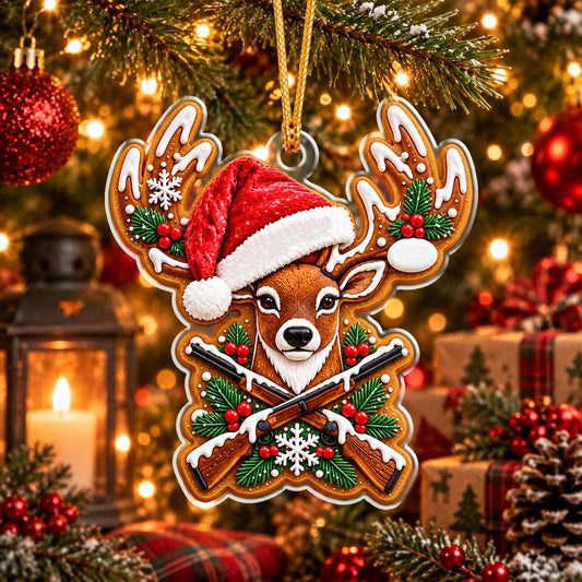 Maxcorners Hunting Antler Animal Head Wearing Santa Hat Crossed Shotguns Holly Berries Snowflake Pine Wreath Christmas Ornament