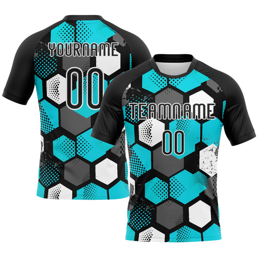 Maxcorners Custom Black Aqua-White Geometric Shape Sublimation Volleyball Uniform Jersey LM2605