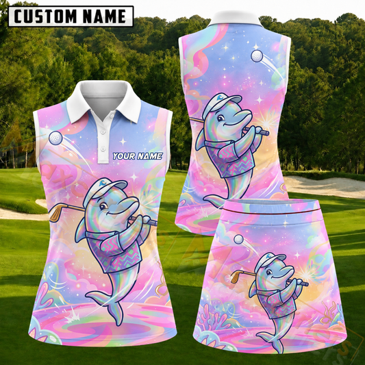 Maxcorners Pastel Rainbow Dolphin Golf Personalized Name 3D Golf Shirt and Golf Skirt