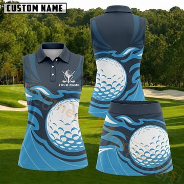 Maxcorners Blue Swirl Golf Ball Personalized Name 3D Golf Shirt and Golf Skirt