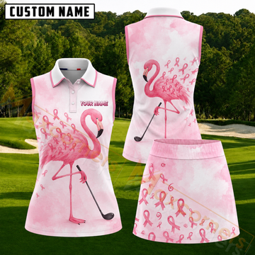 Maxcorners Pink Flamingo Breast Cancer Awareness Personalized Name 3D Golf Shirt and Golf Skirt