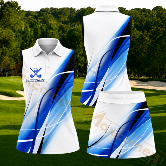 Maxcorners Blue White Abstract Wave Personalized Name 3D Golf Shirt and Golf Skirt