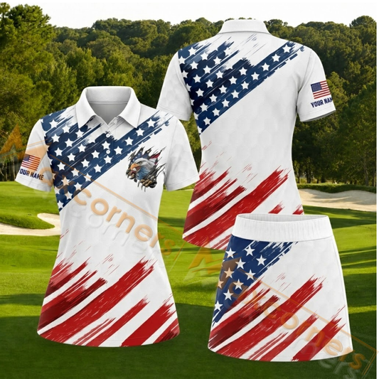 Maxcorners Patriotic USA Flag Eagle Personalized Name 3D Golf Shirt and Golf Skirt