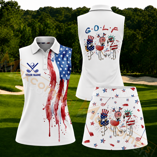 Maxcorners Patriotic Watercolor Flamingo Personalized Name 3D Golf Shirt and Golf Skirt