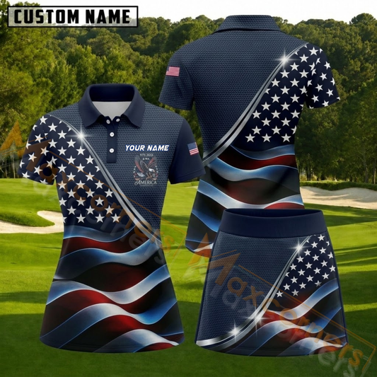 Maxcorners Patriotic Stars and Waves Personalized Name 3D Golf Shirt and Golf Skirt