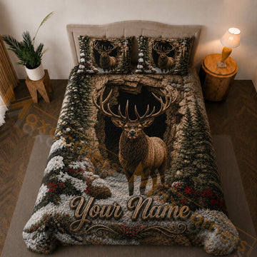 Maxcorners White Brown Green Elk Snowy Forest Cave Bedding Set 3D Print Custom Name