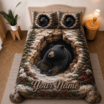 Maxcorners White Brown Black Bear Snowy Rocky Cave Bedding Set 3D Print Custom Name