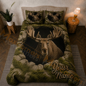 Maxcorners Olive Green Brown Moose Rocky Cave Bedding Set 3D Print Custom Name