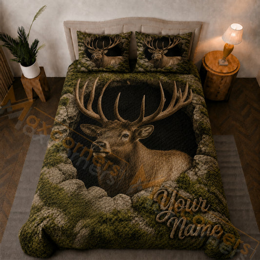 Maxcorners Olive Green Brown Elk Rocky Cave Bedding Set 3D Print Custom Name